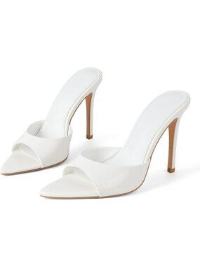 Women's White Sandals Open Toe Stiletto High Heels Mules Slip On Patent Shoes